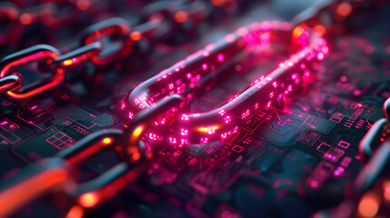 Futuristic Glowing Chain Link Embedded in Circuit Board, Symbolizing Blockchain Technology, Cybersecurity, and Digital Network Security