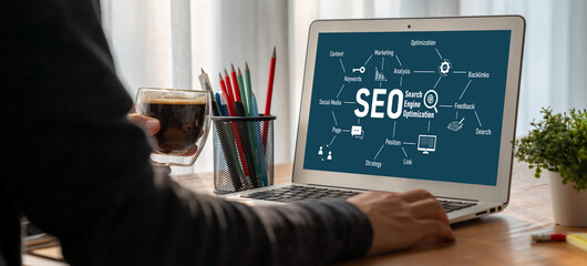 SEO search engine optimization for modish e-commerce and online retail business showing on computer...
