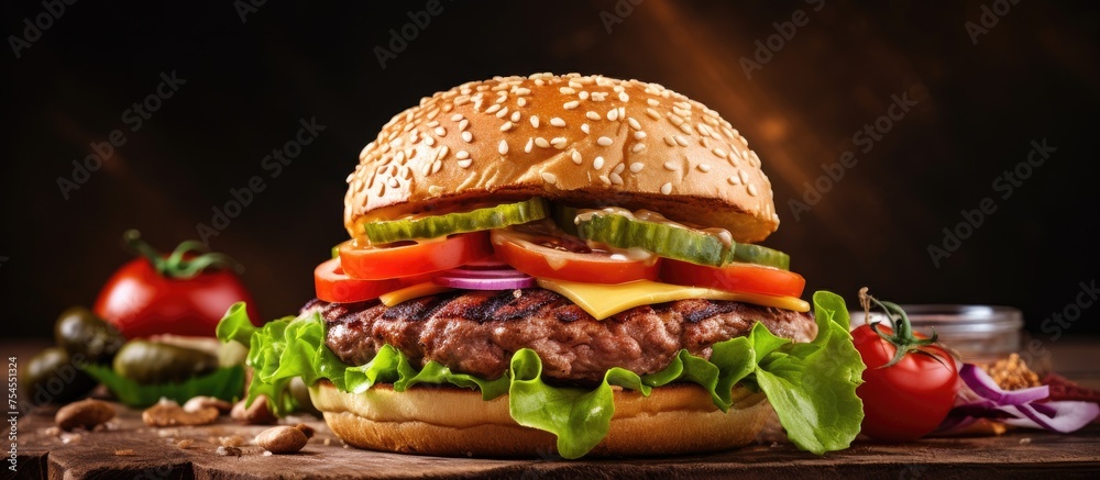 Poster Delicious Gourmet Burger with Lettuce and Tomato on a Rustic Wooden Serving Board