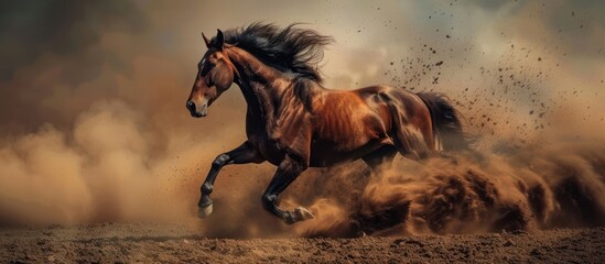 A brown horse energetically galloping in the dirt, kicking up clouds of dust behind it.