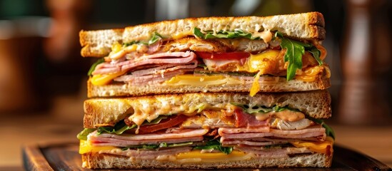 Two club sandwiches are stacked on top of each other, creating a delicious and hearty meal. - obrazy, fototapety, plakaty