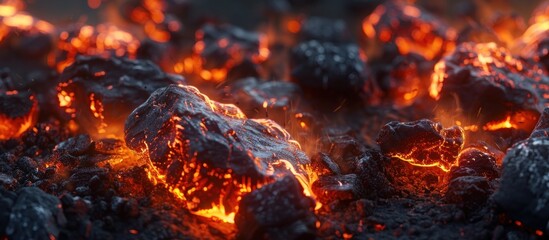 A detailed view of a cluster of coal rocks engulfed in flames, emitting heat and light. The coal is burning intensely, showcasing its combustible properties. - obrazy, fototapety, plakaty