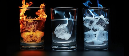 Three glasses filled with ice and fire elements on a black background.
