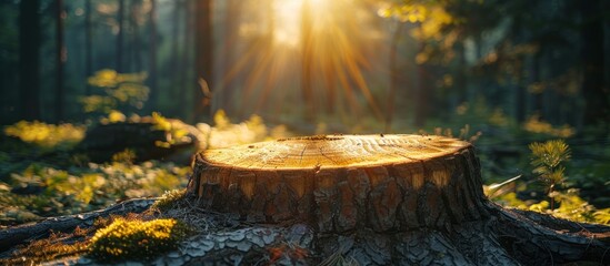 A sunlit pine tree stump standing in the middle of a forest surrounded by trees and foliage.