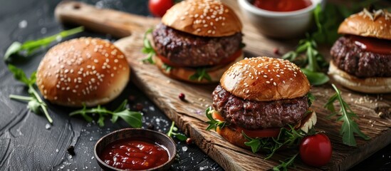 Juicy hamburgers sit atop a rustic wooden cutting board, smothered in ketchup, ready to be served.