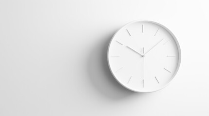 minimalistic round white wall clock with white hands on a white wall, space for text, expandable, clean design, 10:10, 10:08:30, generative AI