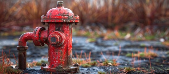 A red fire hydrant is situated in the center of a vast field under the clear sky, standing out prominently against the green grassy surroundings. - obrazy, fototapety, plakaty