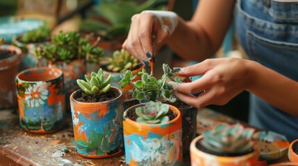 This woman plants plants in unique pots. This woman has a hobby of gardening. Generate AI image - obrazy, fototapety, plakaty