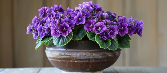 A vibrant potted plant with purple flowers sitting neatly on a wooden table indoors.