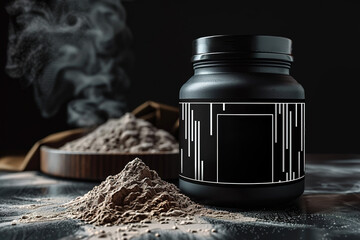 a black Whey Protein Powder jar, bag of protein powder in the background, fitness, sports nutrition, isolated black background, powder on table