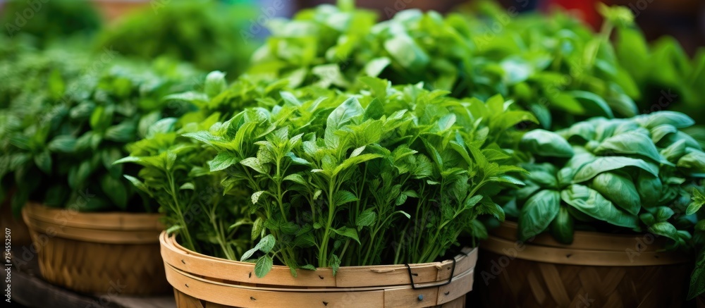 Sticker Vibrant Organic Basil Plants Growing in Hanging Baskets at a Farmers Market