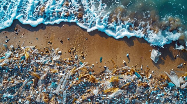 Very dirty beach with rubbish. Generate AI image