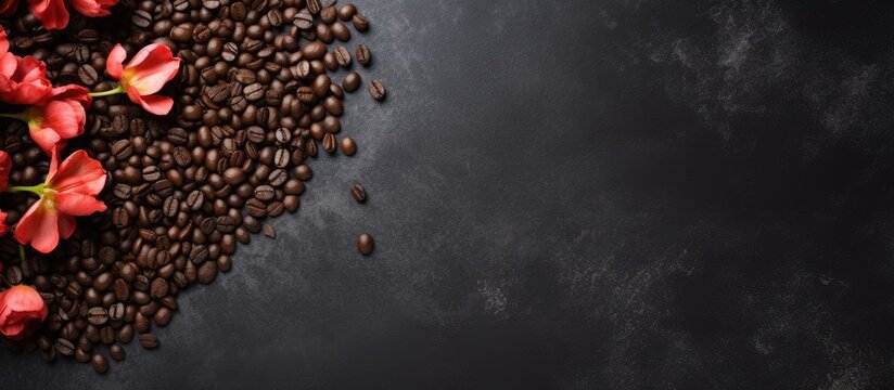 Aromatic Coffee Beans and Vibrant Red Flowers Set Against a Dark Background