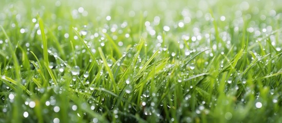 Serenity in Nature: Vibrant Fresh Green Grass Blade with Crystal Clear Water Droplets