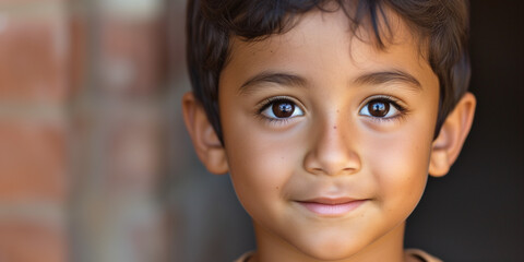 A young boy with bright, curious eyes and a gentle smile stands before a soft-focused brick background