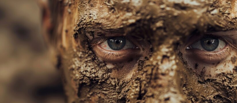Close-up of a mans face completely covered in thick mud, emphasizing the texture and earthy tones.