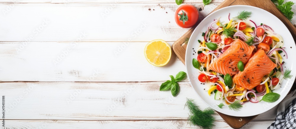 Poster Freshly Prepared Salmon Dish with Colorful Vegetables and Aromatic Herbs on Rustic White Wooden Background