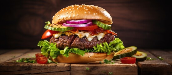 Delicious Hamburger with Fresh Lettuce and Tomato Slices on Rustic Wooden Table