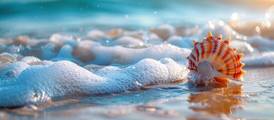 A colored seashell is seen resting on the sandy beach, with foamy water in the background.