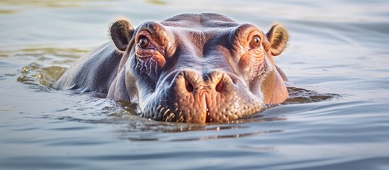 Curious Hippopotamus Playfully Frolics in the Rippling Waters of a Serene Lake