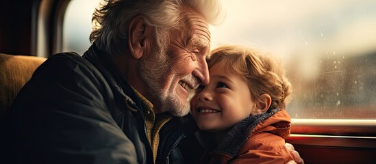 Generations Bond on Journey: Elderly Man and Young Boy Enjoy Train Ride Together