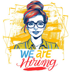 We are hiring abstract art with a woman wearing glasses