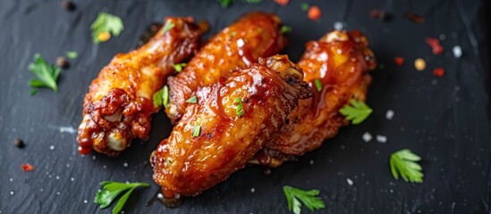 Close-up of three crunchy chicken wings arranged neatly on a wooden table.