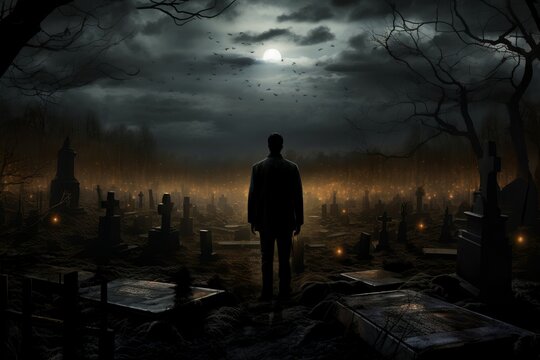 Chilling Man graveyard night. Walking mystery. Generate Ai