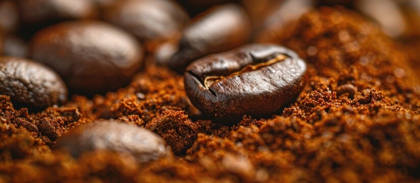 A close-up view of coffee beans piled on top of ground coffee.