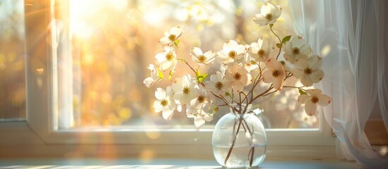 A white vase filled with fresh flowers placed by a window, with natural light illuminating the delicate petals.