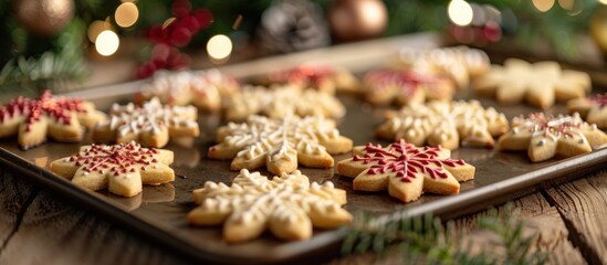 A close-up view of a tray filled with an assortment of Christmas cookies on a wooden table. - Powered by Adobe