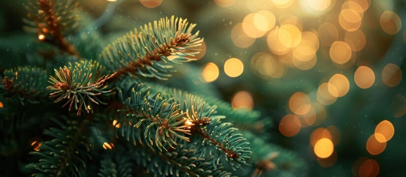 Detailed view of a pine tree with lights glowing in the background, creating a festive and luminous atmosphere.