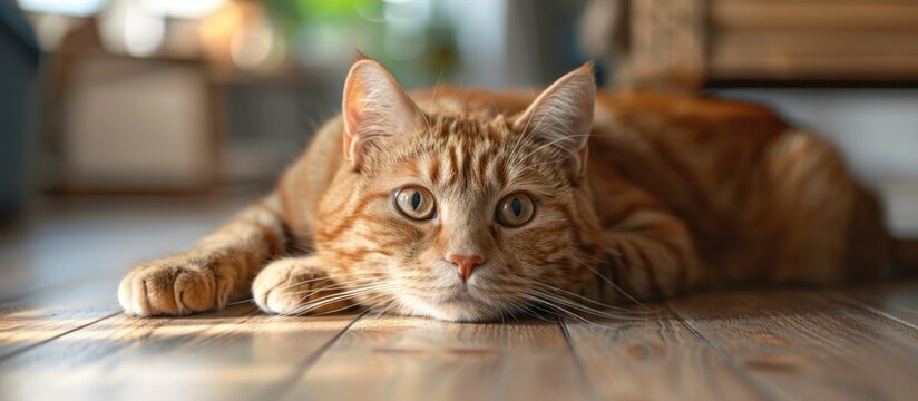 A ginger cat is laying comfortably on the floor while making direct eye contact with the camera.