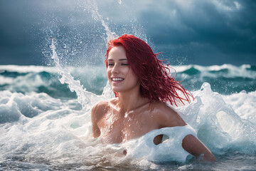Obraz premium A young beautiful smiling girl with red hair is standing on the beach among the sea waves up to her chest in the water. The wind blows the hairstyle