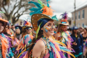 A group of women in vibrant, colorful costumes stand together in unity, creating a beautiful...