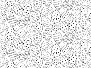 Easter simple Doodle seamless Pattern. Outline Easter Eggs with hand Drawn ornament. Black and white minimal illustration. Egg hunt spring funny monochrome Background