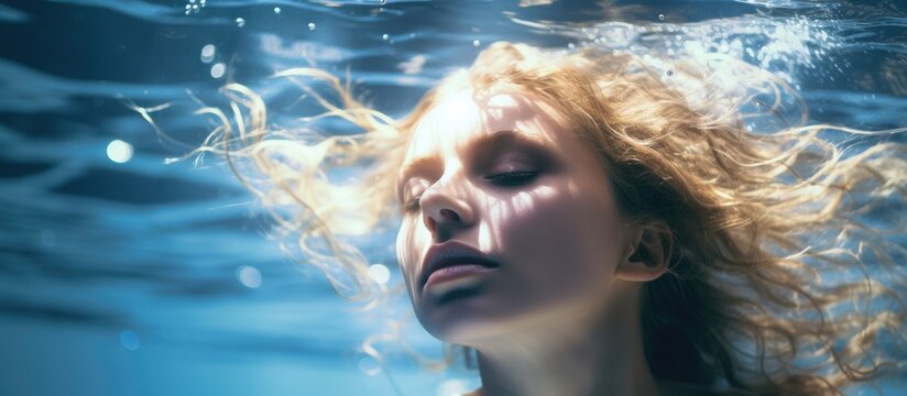 Serene Female Surrendering to Water: Woman's Long Hair Submerged in Tranquil Blue Pool