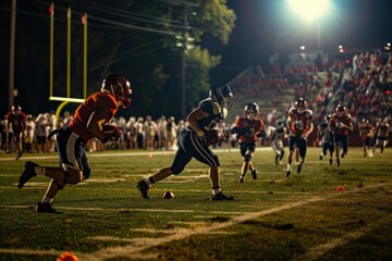 Intense football game unfolding on the field as players compete for victory and fans cheer enthusiastically from the sidelines.