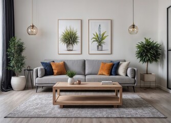 Fototapeta premium Luxurious living room interior with a grey couch, lamps, coffee table and plants.
