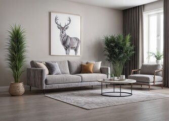 Luxurious living room interior with a grey couch, lamps, coffee table and plants.