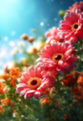 Blurred summer spring background with beautiful flowers and sunlight. - 754554312