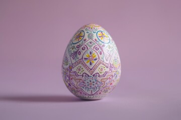 A beautifully decorated Easter egg rests on a purple surface, showcasing intricate patterns and designs.