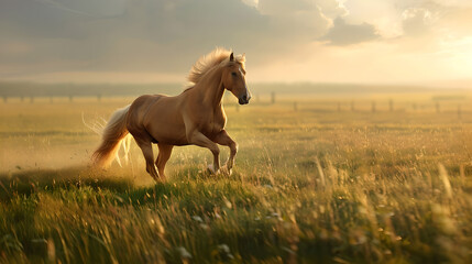 galloping brown horse on wide green grass field  - obrazy, fototapety, plakaty