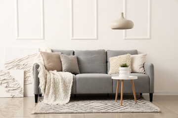 Stylish grey sofa with pillows, blanket and paintings near white wall
