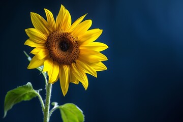 A vibrant yellow sunflower stands out against a deep blue background, radiating brightness amidst...