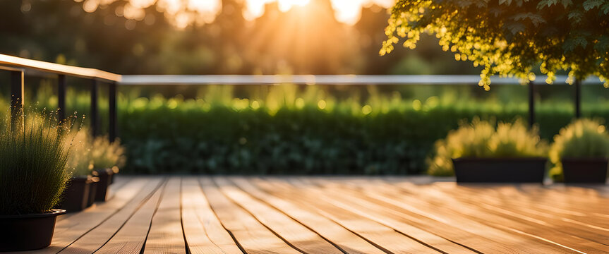 Hintergrund Holz Fl&auml;che f&uuml;r Produkte Terasse Vorlage Untergrund mit Stein und Pflanzen gr&uuml;n mit Sonne Strahlen Schein Licht Reflektion ruhig sommerlich sommer umwelt- garten- park Landschaft