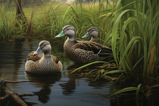 Ducks on the lake, in long green reeds.