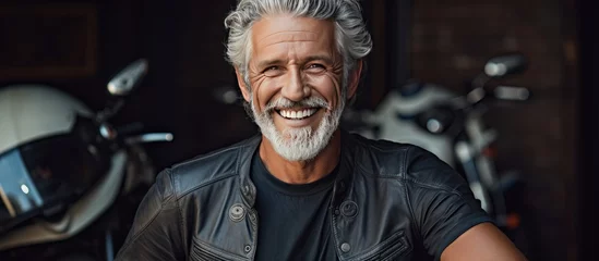 Foto auf Acrylglas A middle-aged man with grey hair wearing a leather jacket is standing confidently, holding a motorcycle helmet. He looks positive and happy, smiling brightly with a toothy grin. © TheWaterMeloonProjec