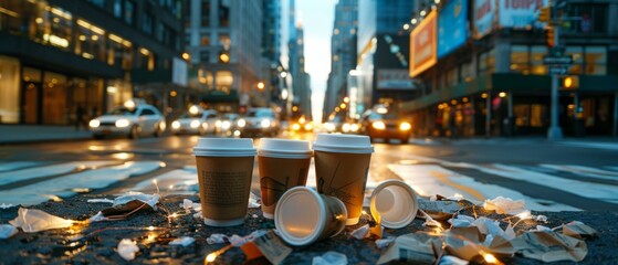 Three coffee cups sitting on the street in front of a city. Generative AI.