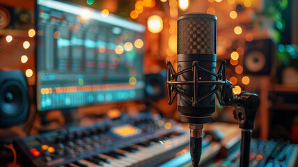 Microphone in a professional recording or radio studio